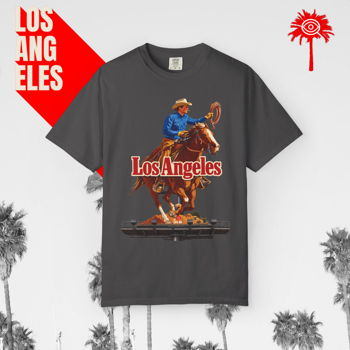 Sunset Strip Classic Los Angeles cowboy graphic tee — dark gray, front