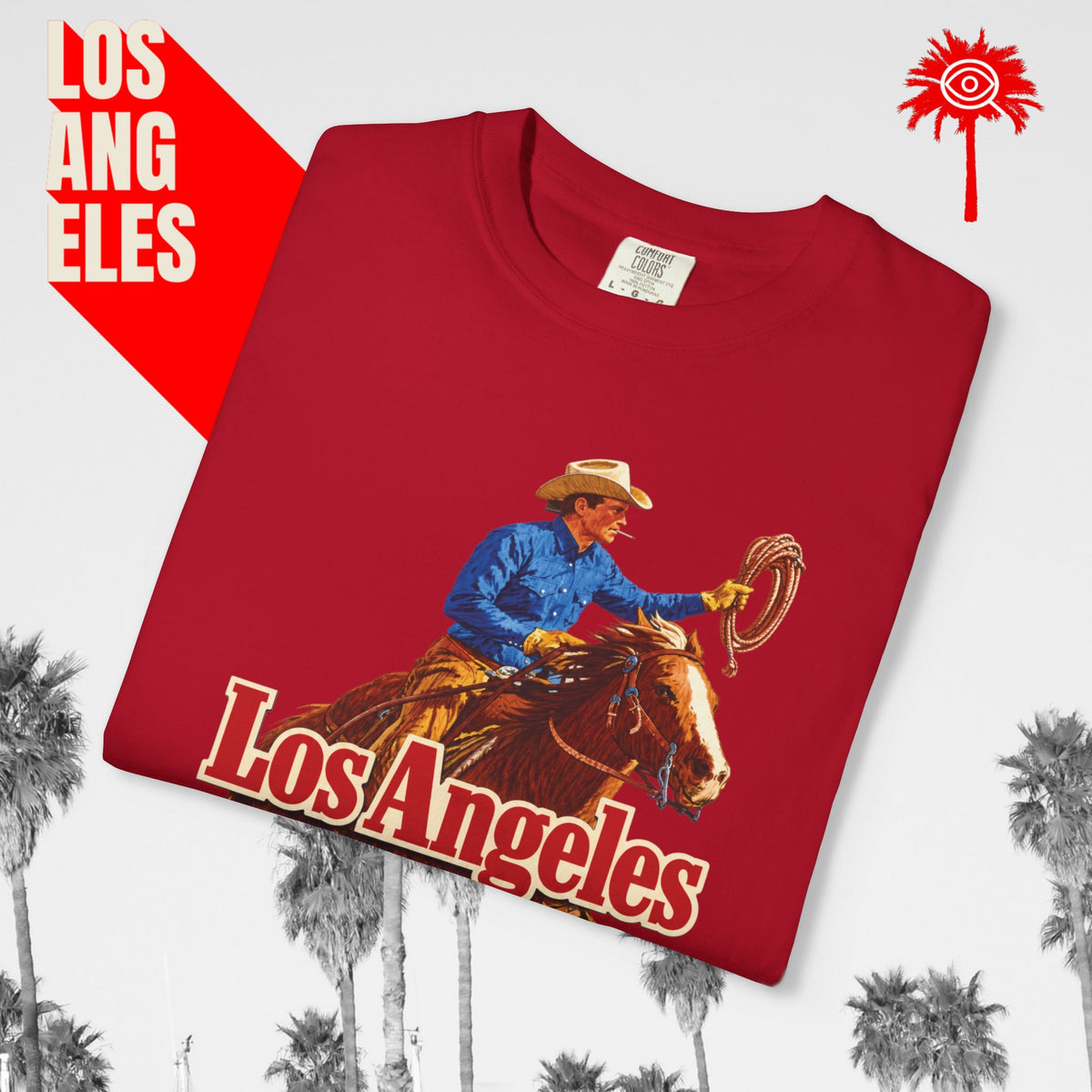 Sunset Strip Classic Los Angeles cowboy graphic tee — red, folded graphic detail