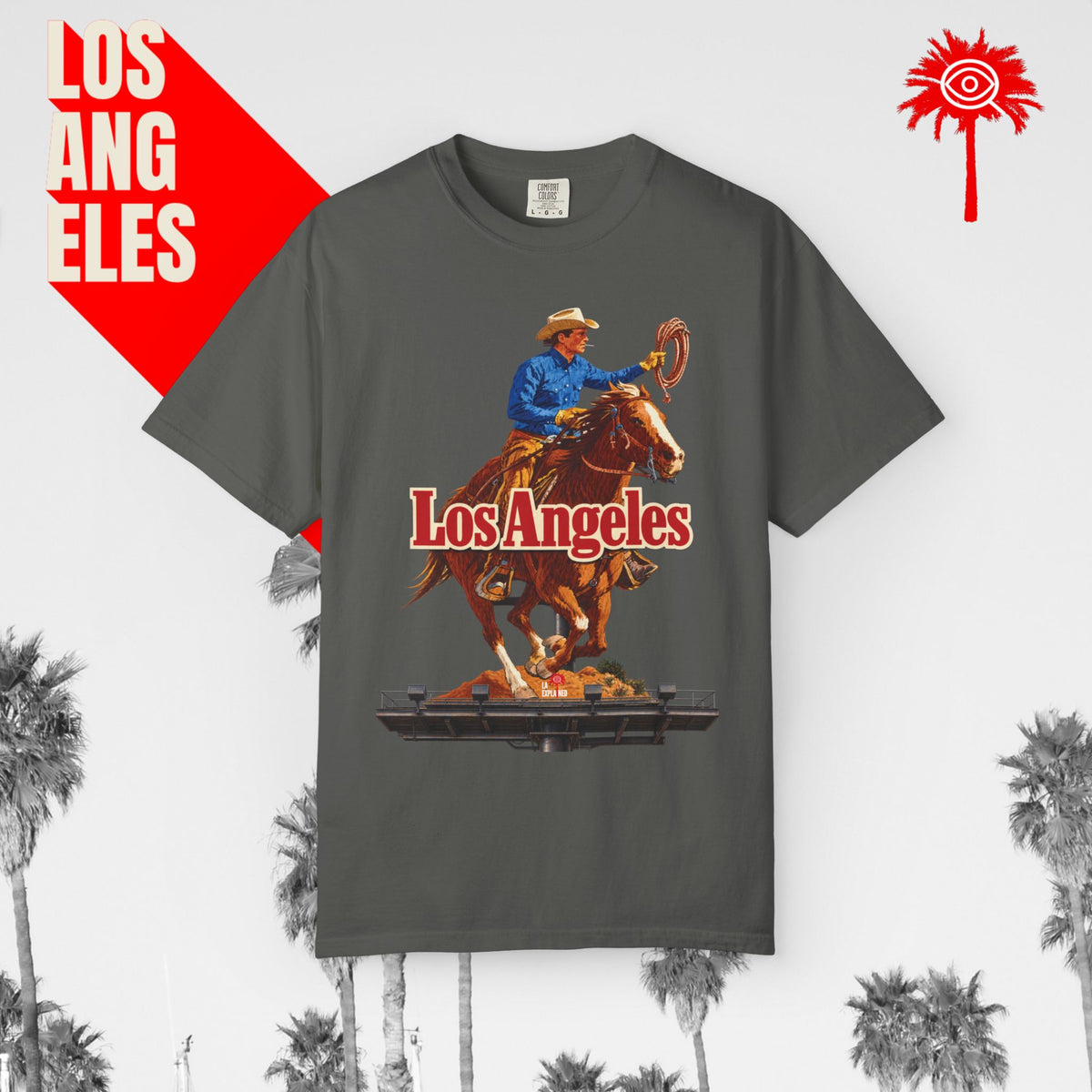 Sunset Strip Classic Los Angeles cowboy graphic tee — charcoal, front