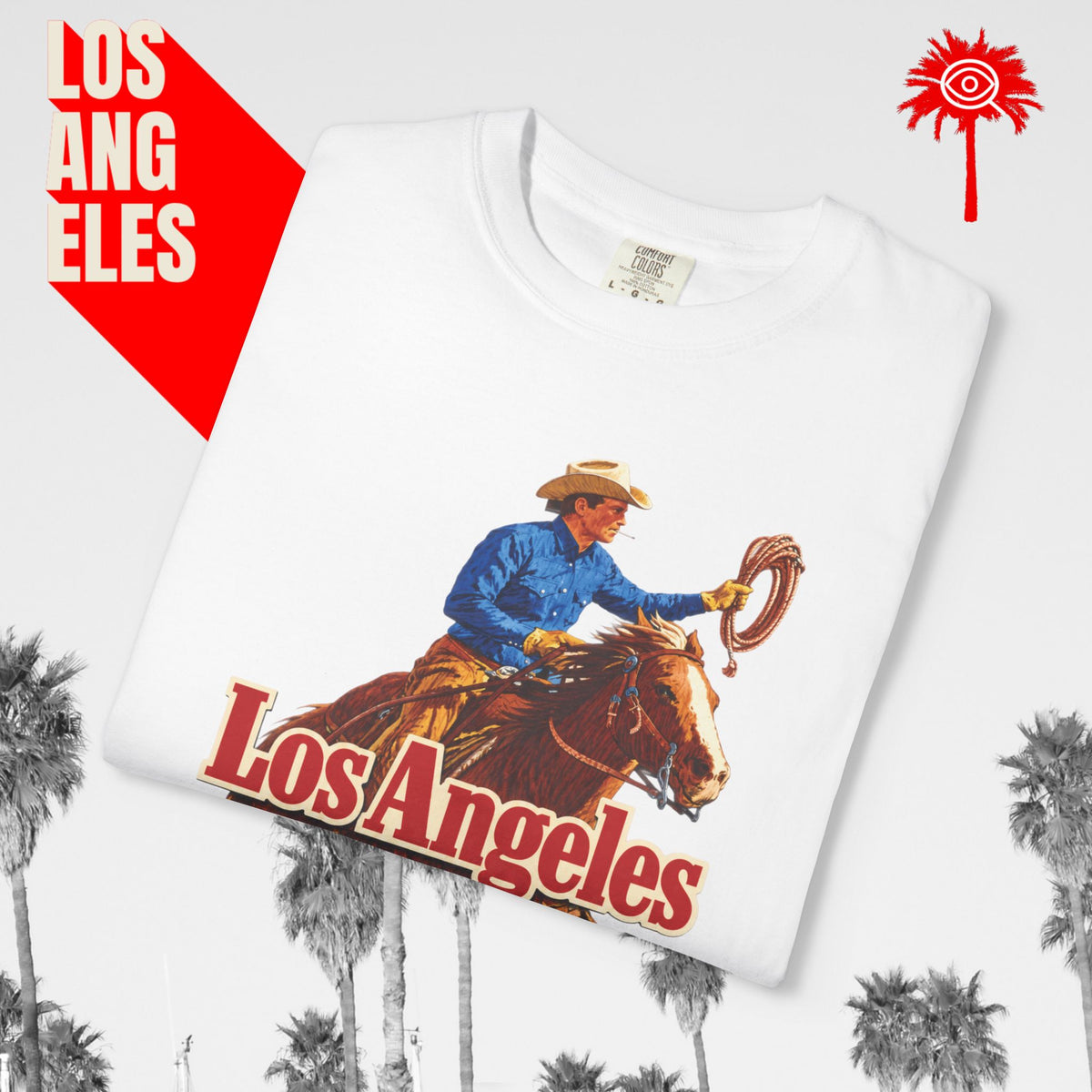 Sunset Strip Classic Los Angeles cowboy graphic tee — white, folded graphic detail