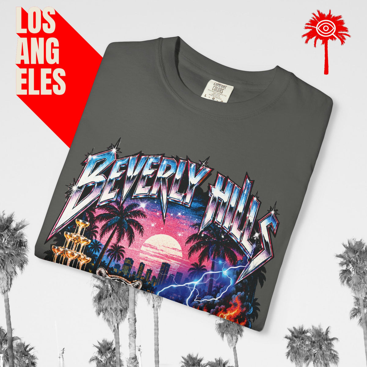 Paradise Has a Price Beverly Hills tiger graphic tee — charcoal, folded graphic detail