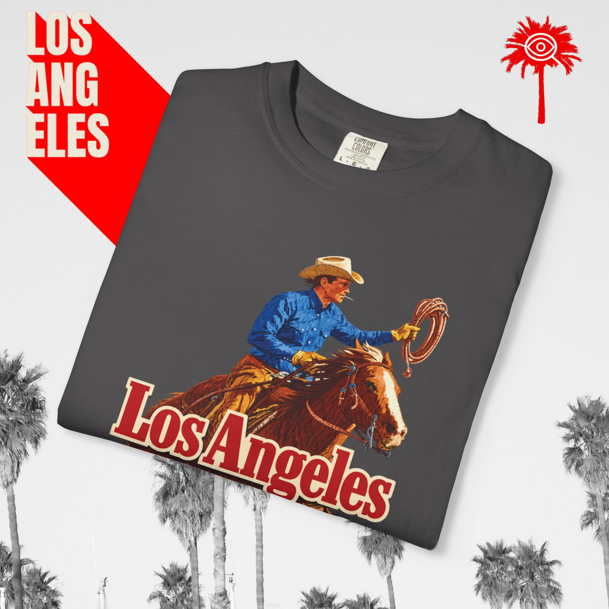 Sunset Strip Classic Los Angeles cowboy graphic tee — dark gray, folded graphic detail