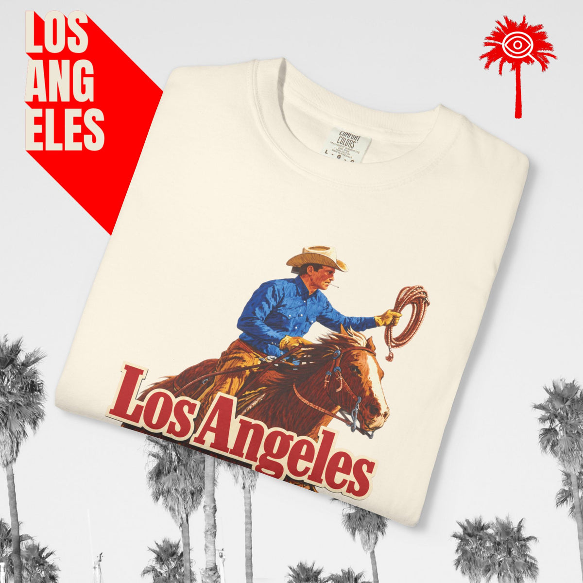 Sunset Strip Classic Los Angeles cowboy graphic tee — ivory, folded graphic detail