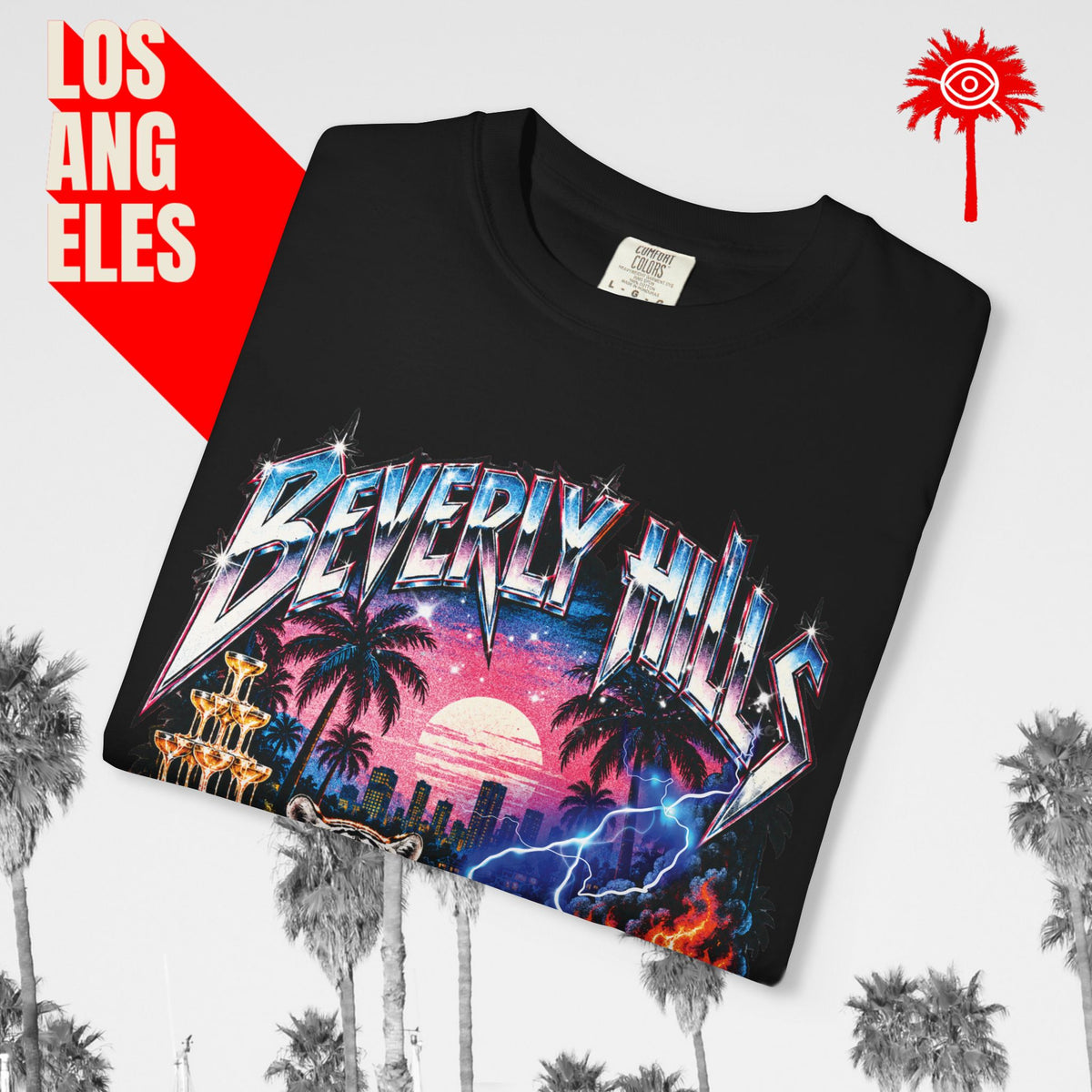 Paradise Has a Price Beverly Hills tiger graphic tee — black, folded graphic detail