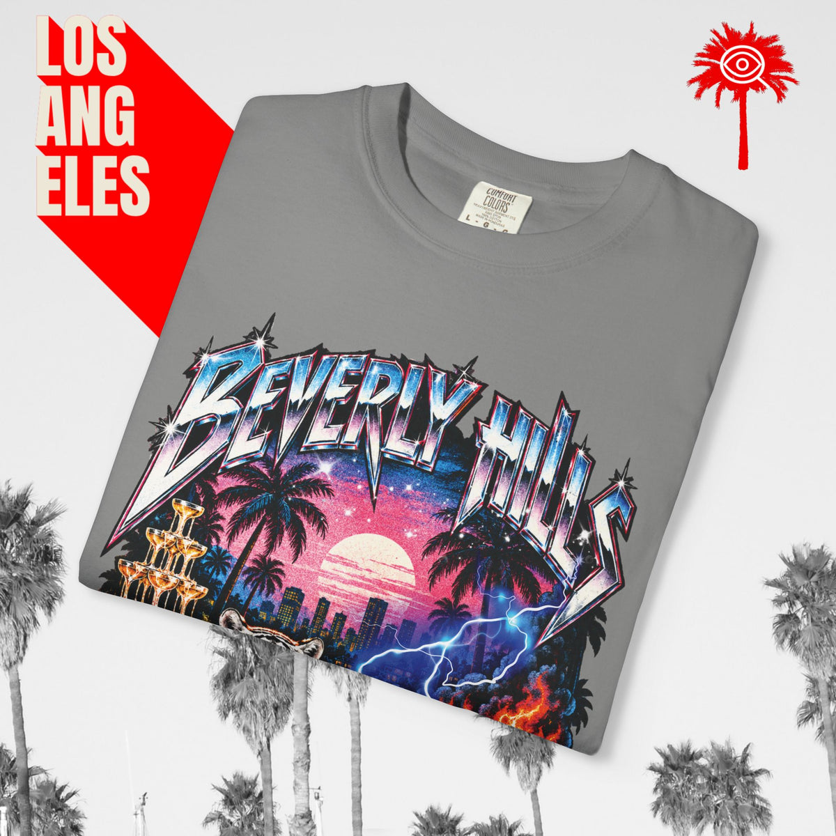 Paradise Has a Price Beverly Hills tiger graphic tee — gray, folded graphic detail