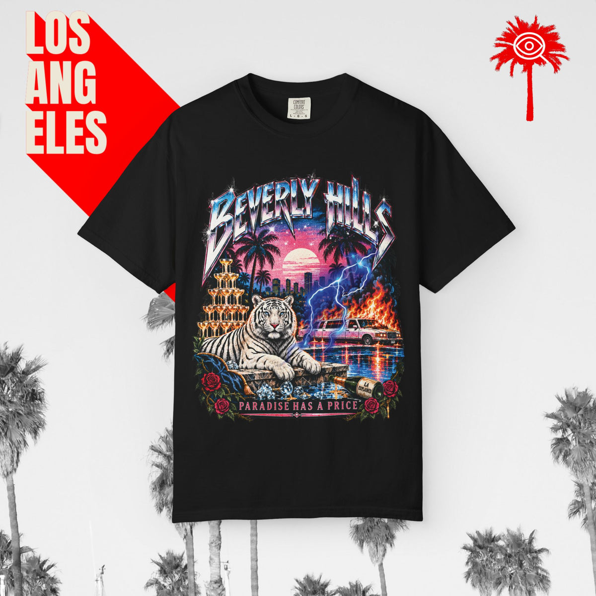 Paradise Has a Price Beverly Hills tiger graphic tee — black, front