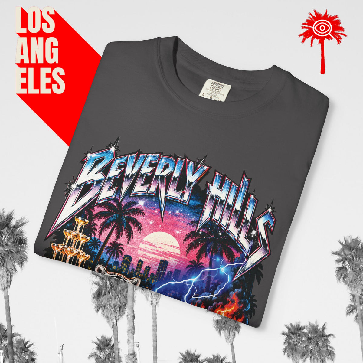Paradise Has a Price Beverly Hills tiger graphic tee — dark gray, folded graphic detail