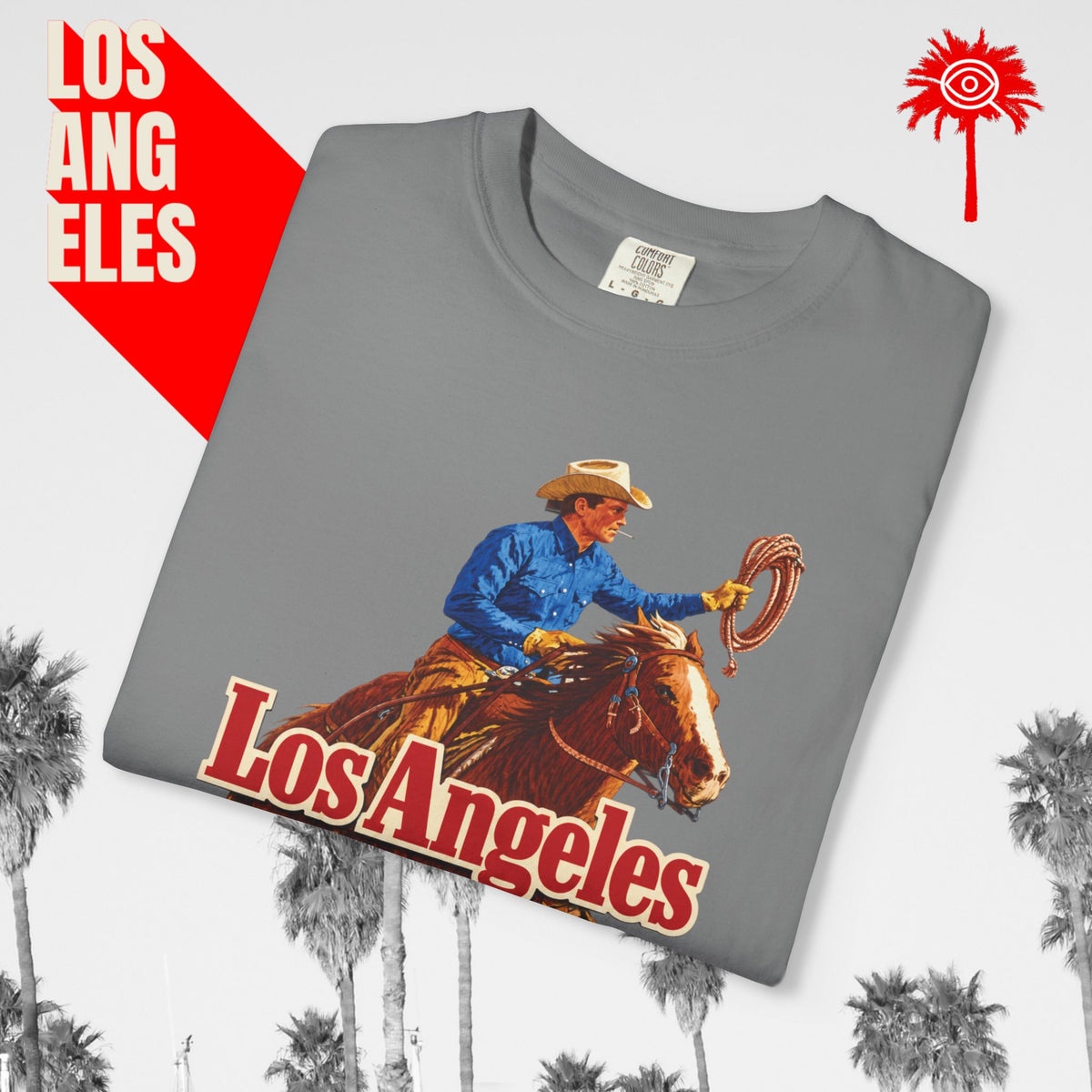 Sunset Strip Classic Los Angeles cowboy graphic tee — gray, folded graphic detail