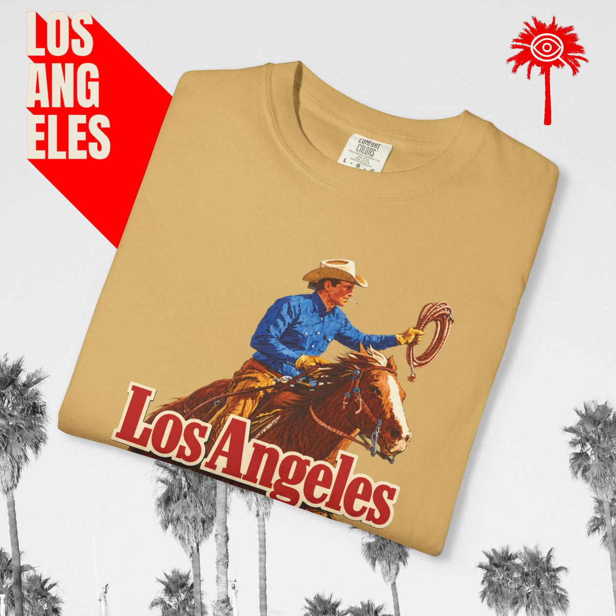 Sunset Strip Classic Los Angeles cowboy graphic tee — mustard, folded graphic detail
