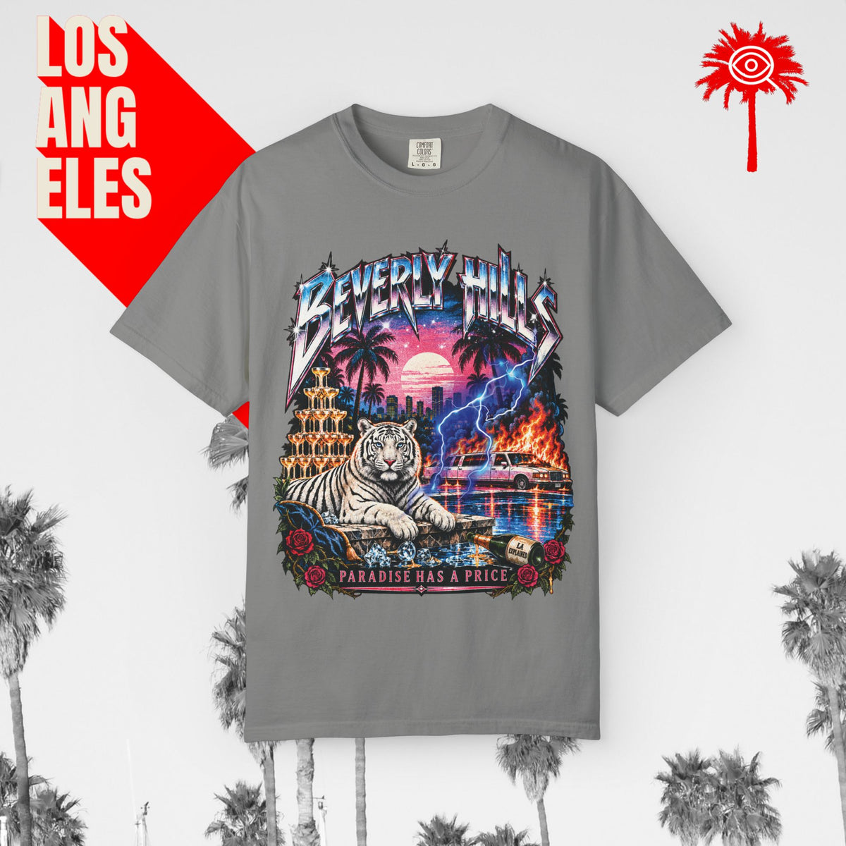 Paradise Has a Price Beverly Hills tiger graphic tee — gray, front