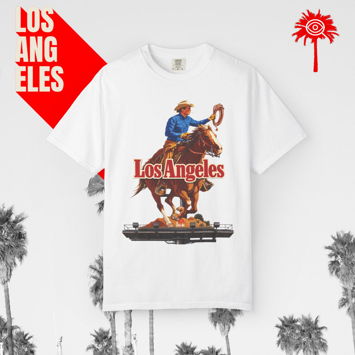 Sunset Strip Classic Los Angeles cowboy graphic tee — white, front