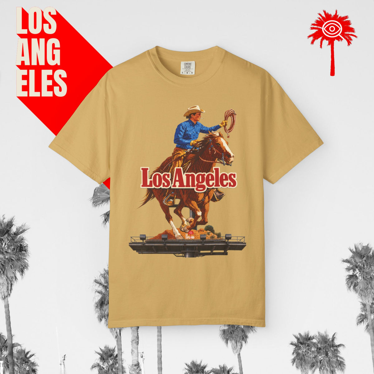 Sunset Strip Classic Los Angeles cowboy graphic tee — mustard, front