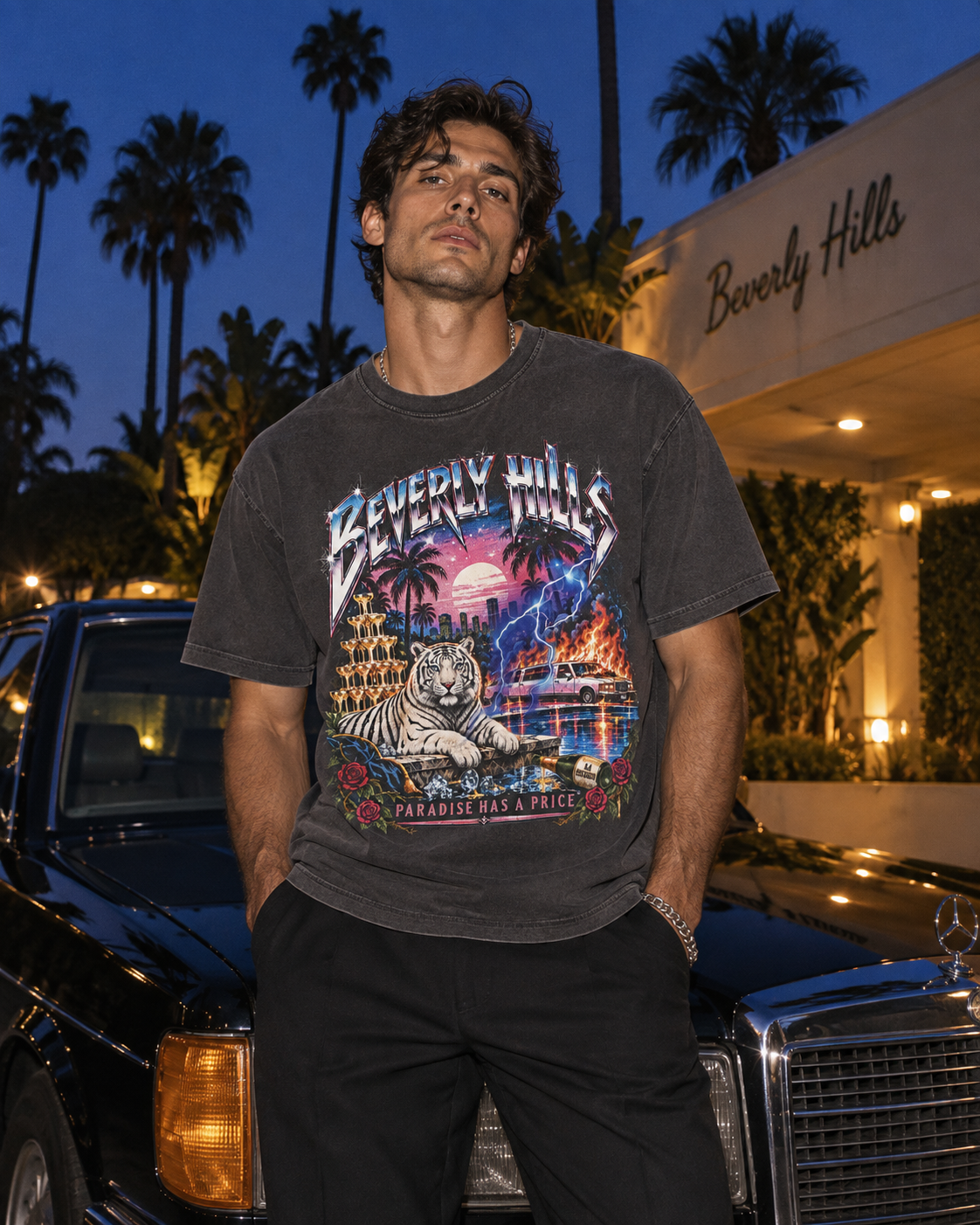 Paradise Has a Price Beverly Hills tiger graphic tee — worn by model outdoors at dusk