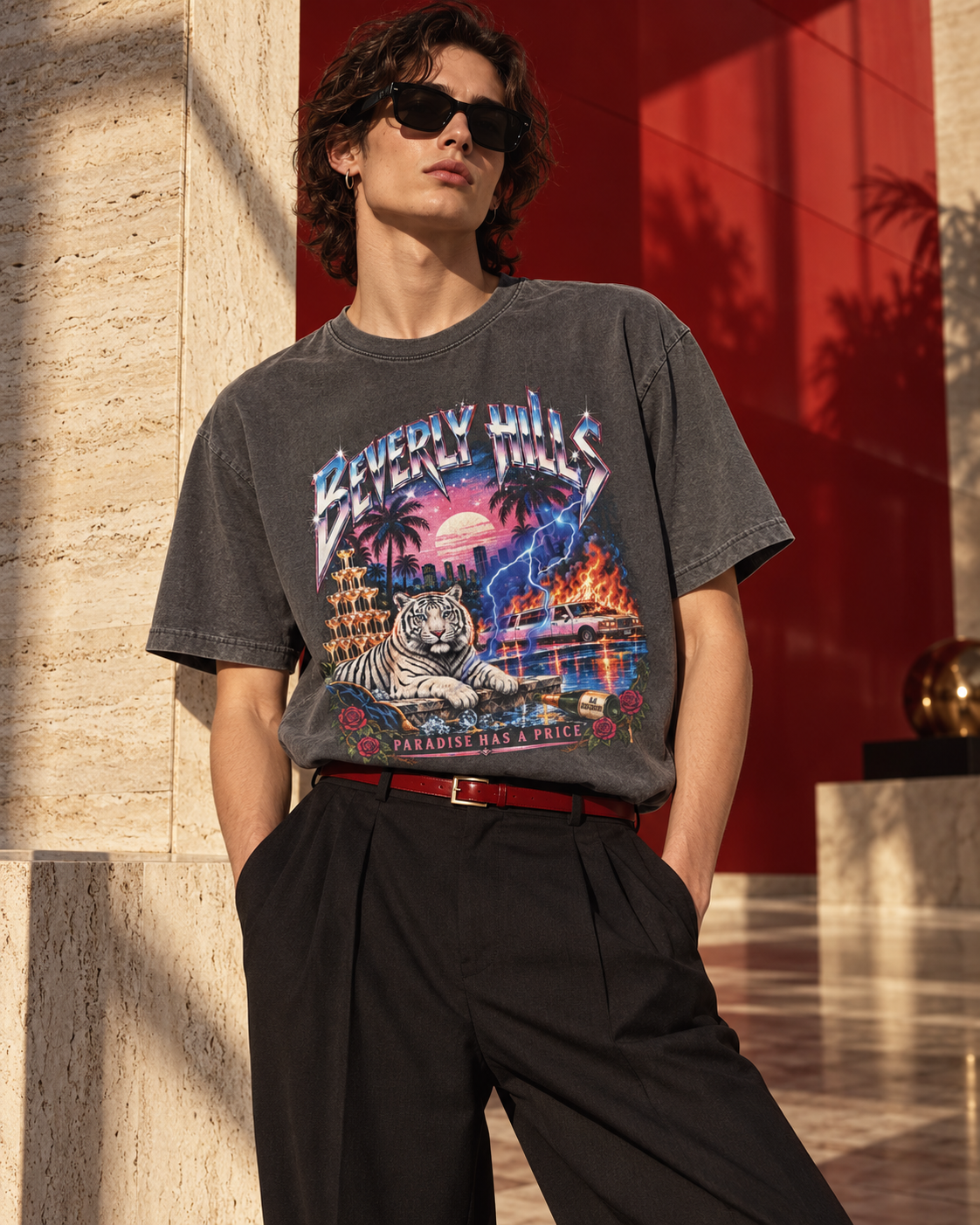 Paradise Has a Price Beverly Hills tiger graphic tee — worn by model in sunlight