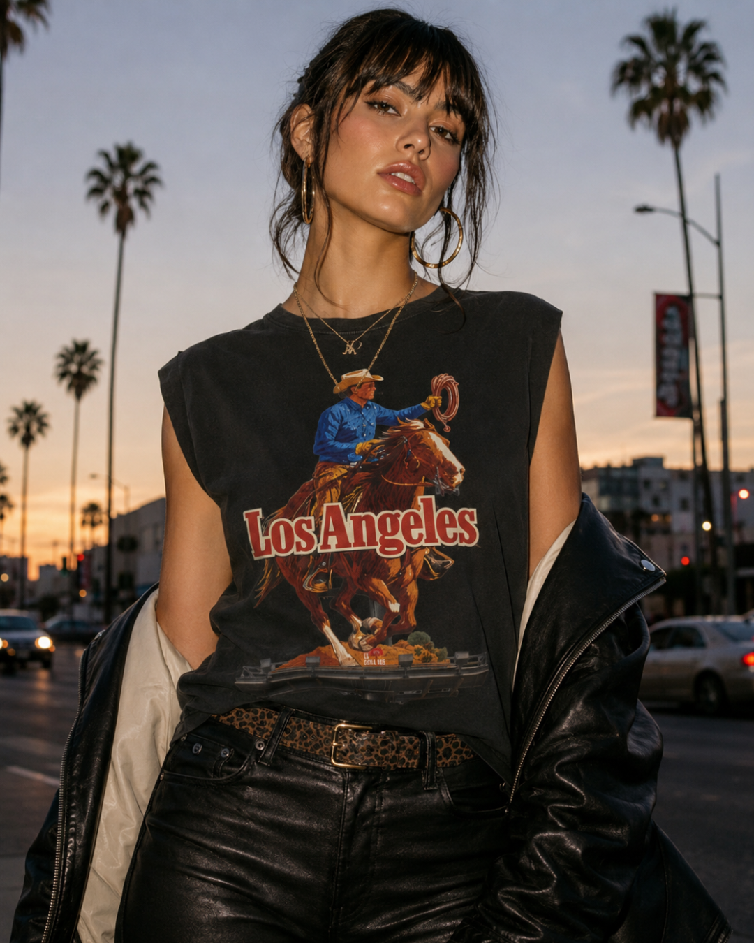 Sunset Strip Classic Los Angeles cowboy graphic tee — black, styled on model at dusk