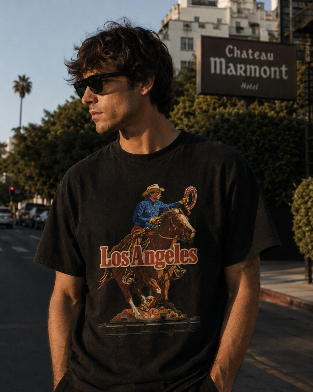 Sunset Strip Classic Los Angeles cowboy graphic tee — black, styled on model outdoors