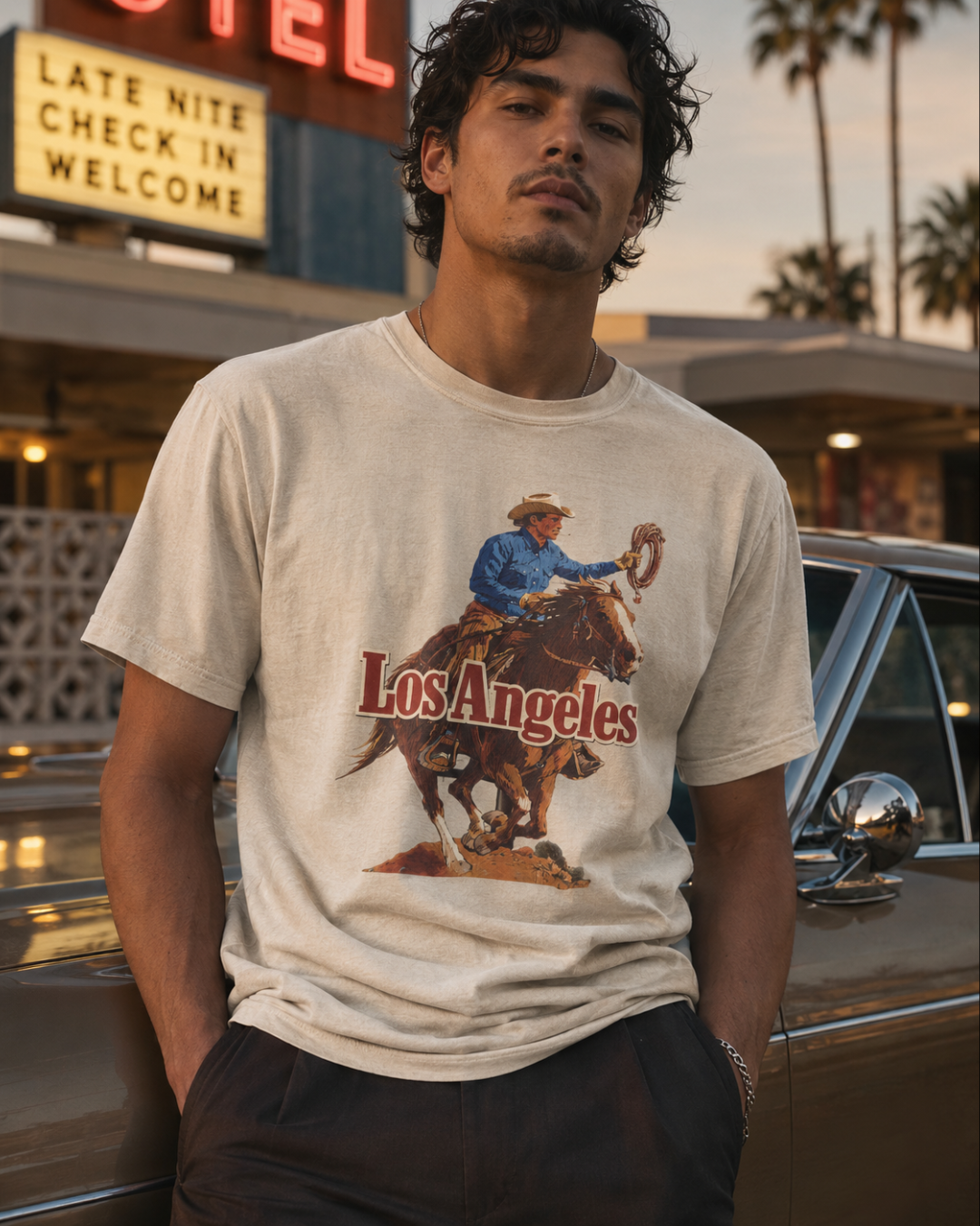 Sunset Strip Classic Los Angeles cowboy graphic tee — ivory, styled on model outdoors