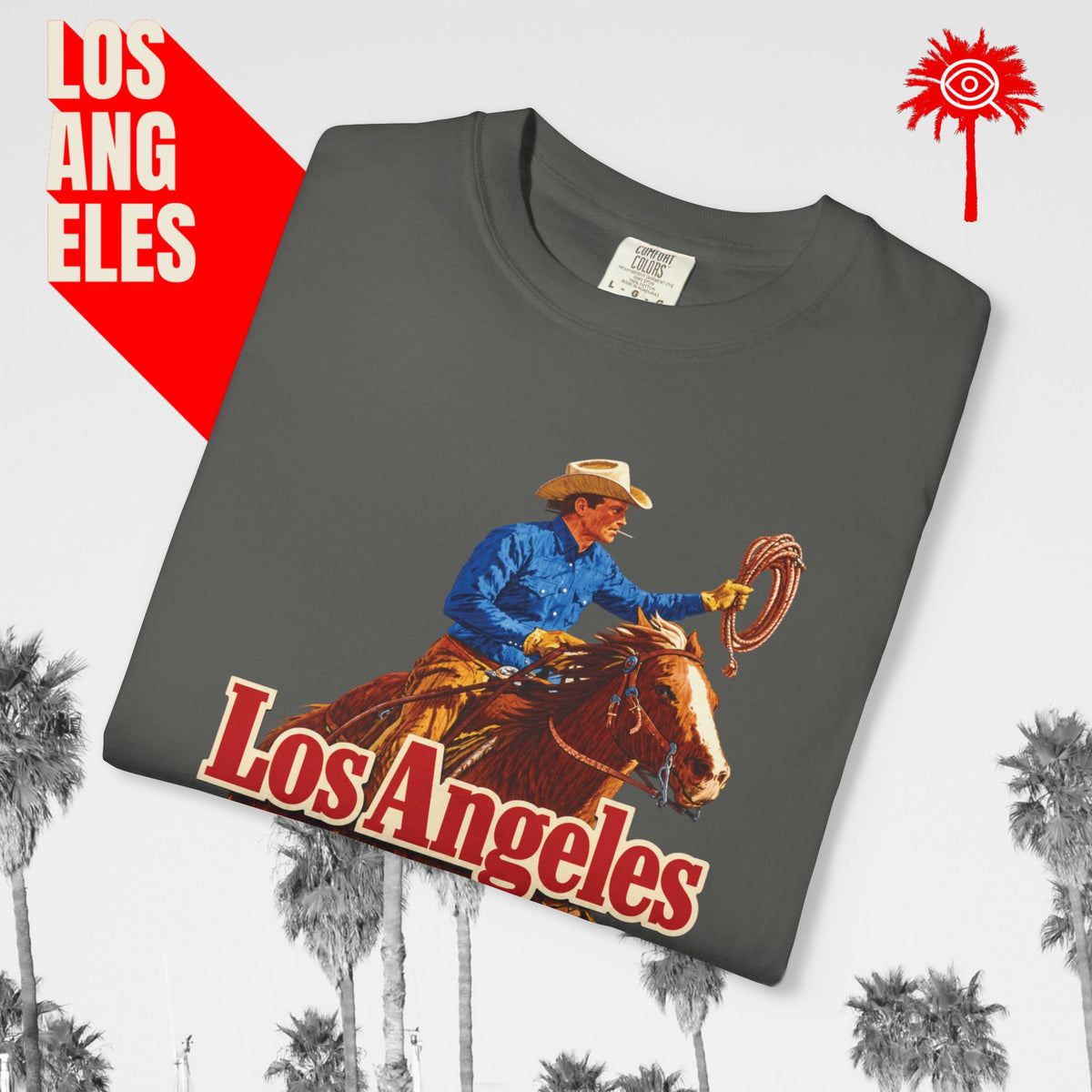 Sunset Strip Classic Los Angeles cowboy graphic tee — charcoal, folded graphic detail