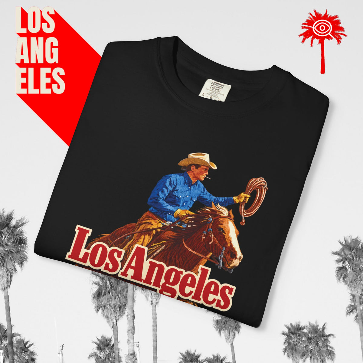 Sunset Strip Classic Los Angeles cowboy graphic tee — black, folded graphic detail