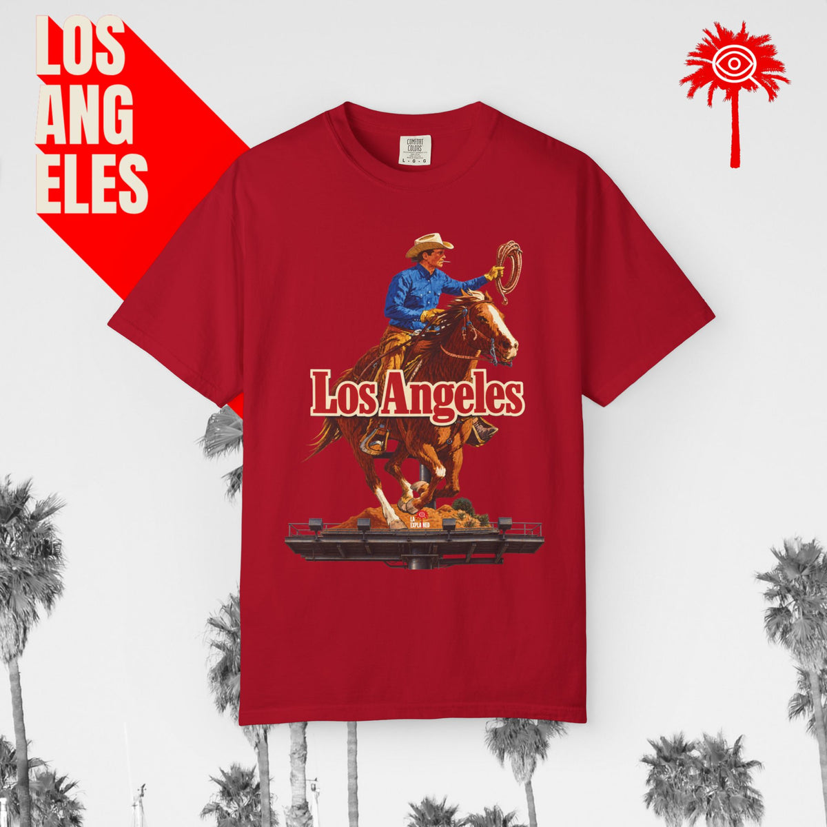 Sunset Strip Classic Los Angeles cowboy graphic tee — red, front