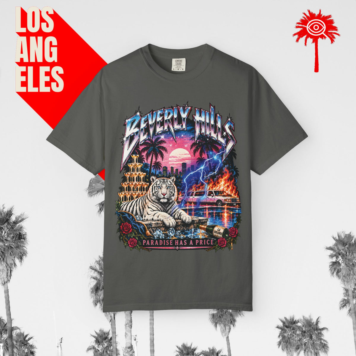 Paradise Has a Price Beverly Hills tiger graphic tee — charcoal, front