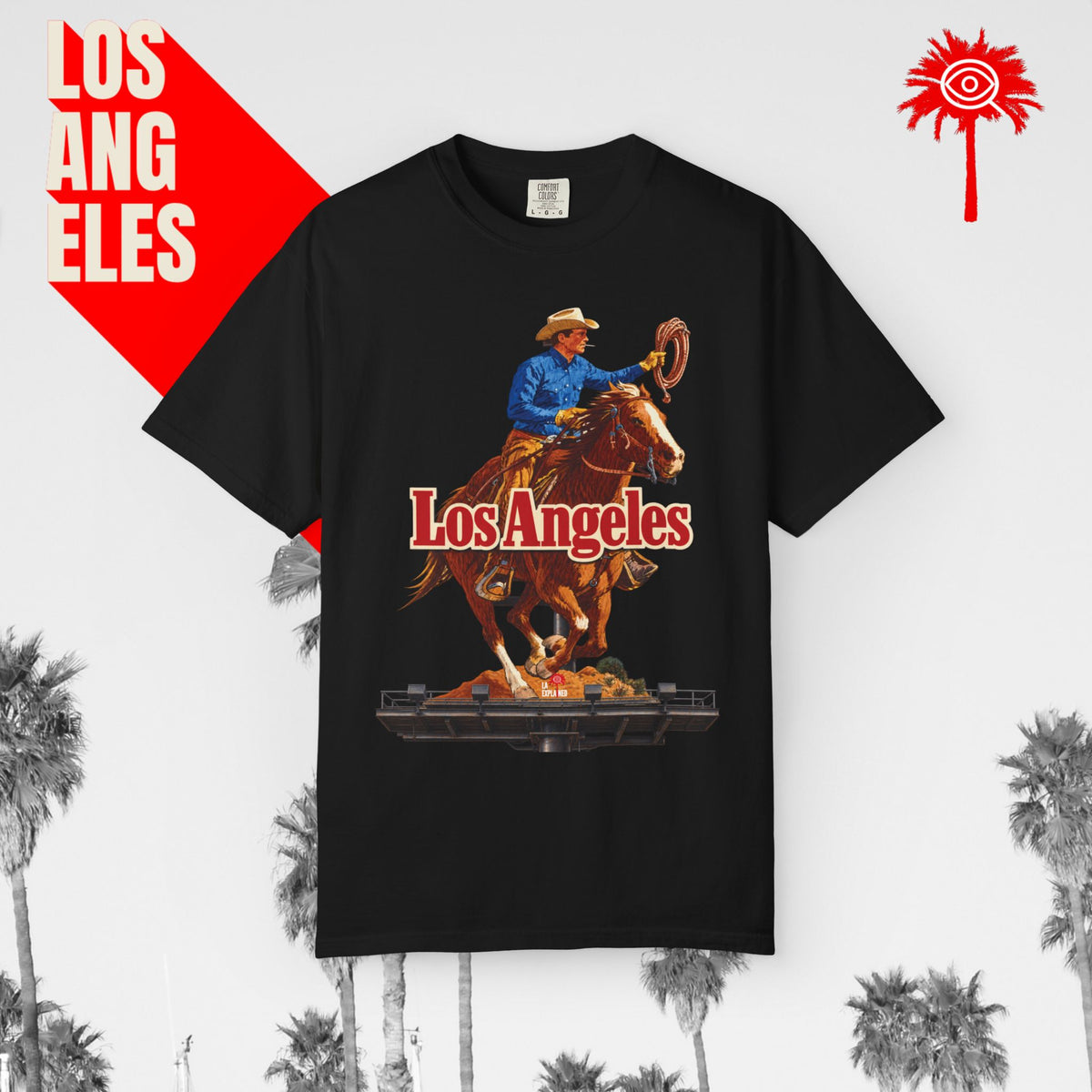 Sunset Strip Classic Los Angeles cowboy graphic tee — black, front