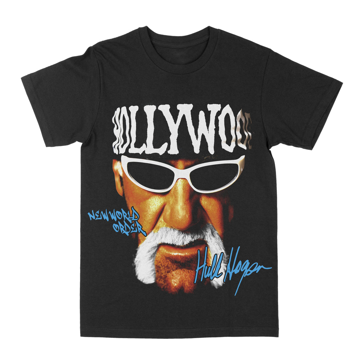 Black Hollywood Hulk Hogan Big Face graphic tee — front portrait print with sunglasses and Hollywood bandana