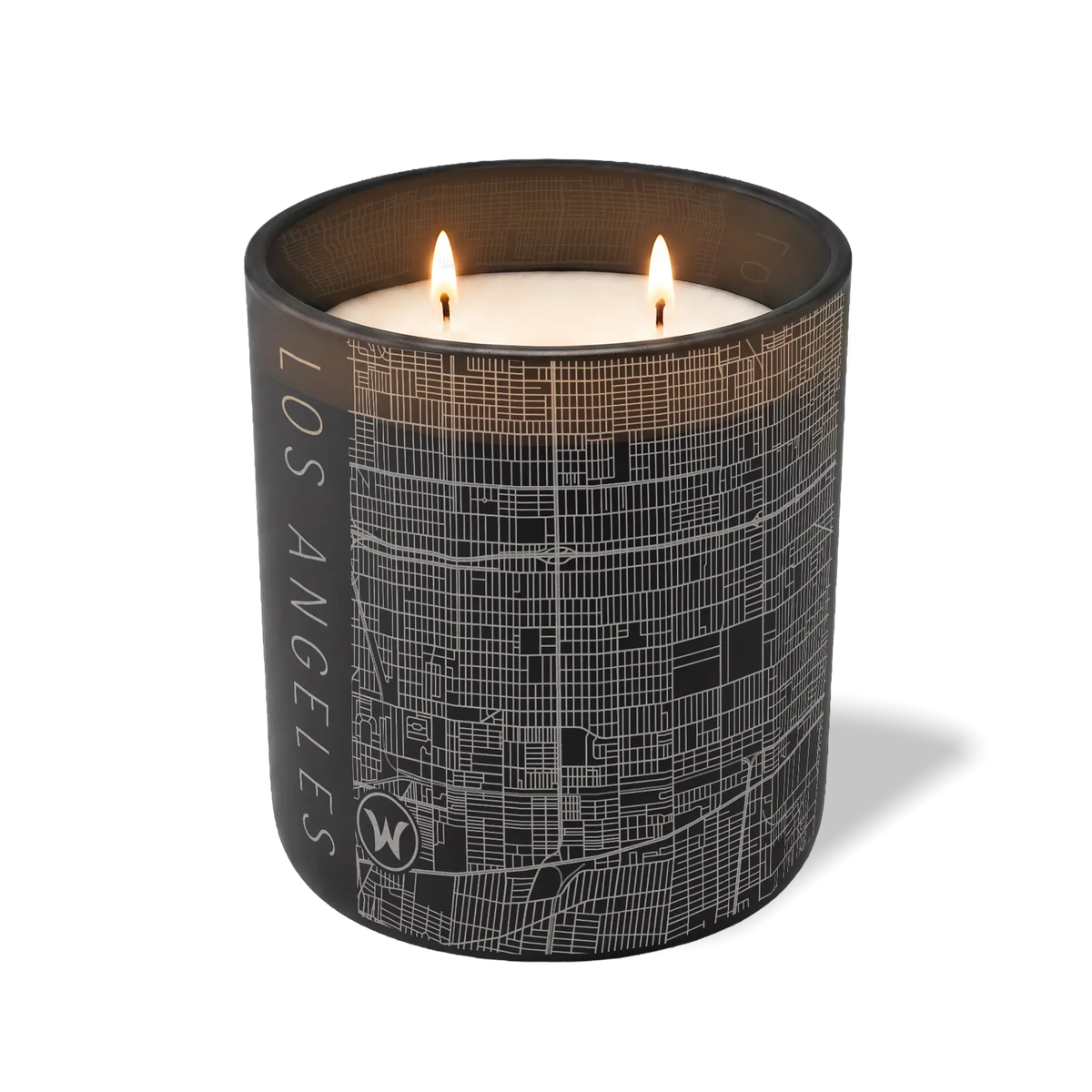 Los Angeles map 12 oz candle with lit wicks and etched street map — black container