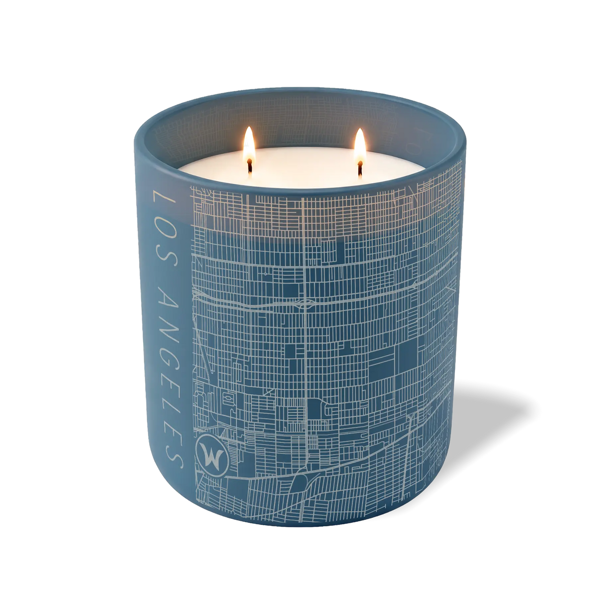 Los Angeles map 12 oz candle with lit wicks and etched street map — blue container