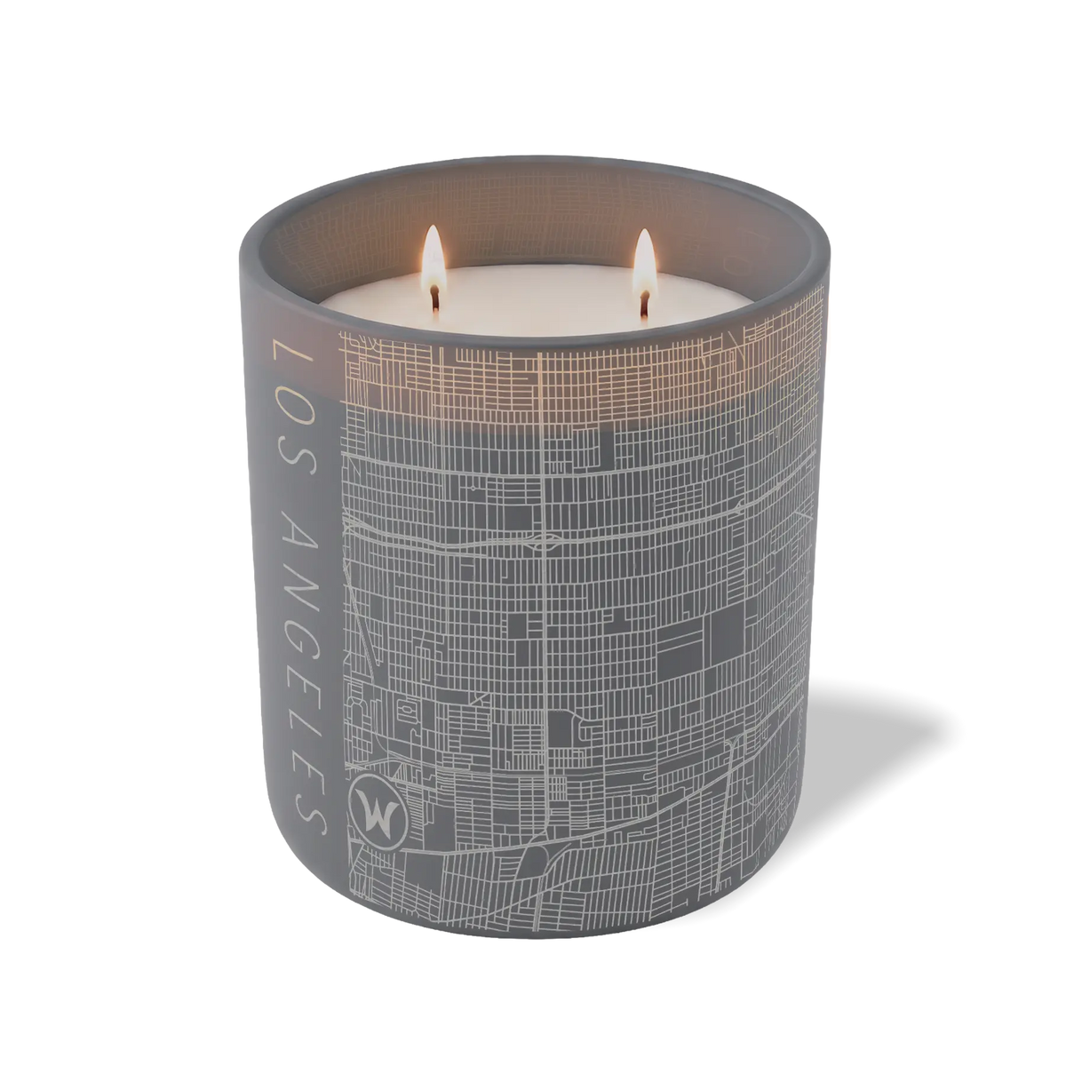 Los Angeles map 12 oz candle with lit wicks and etched street map — gray container