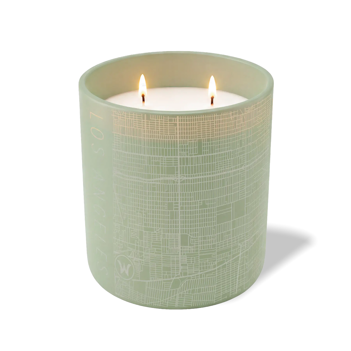 Los Angeles map 12 oz candle with lit wicks and etched street map — green container