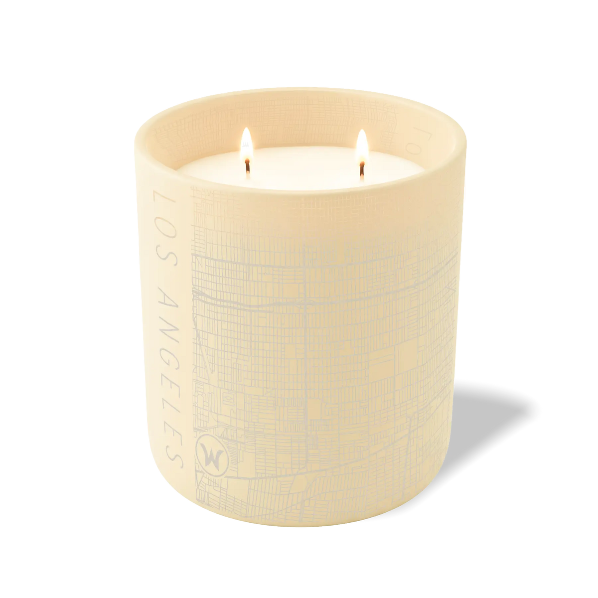 Los Angeles map 12 oz candle with lit wicks and etched street map — ivory container