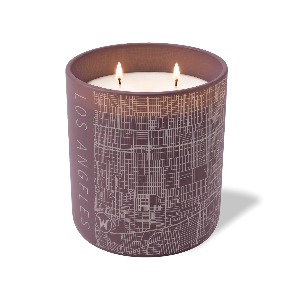 Los Angeles map 12 oz candle with lit wicks and etched street map — purple container