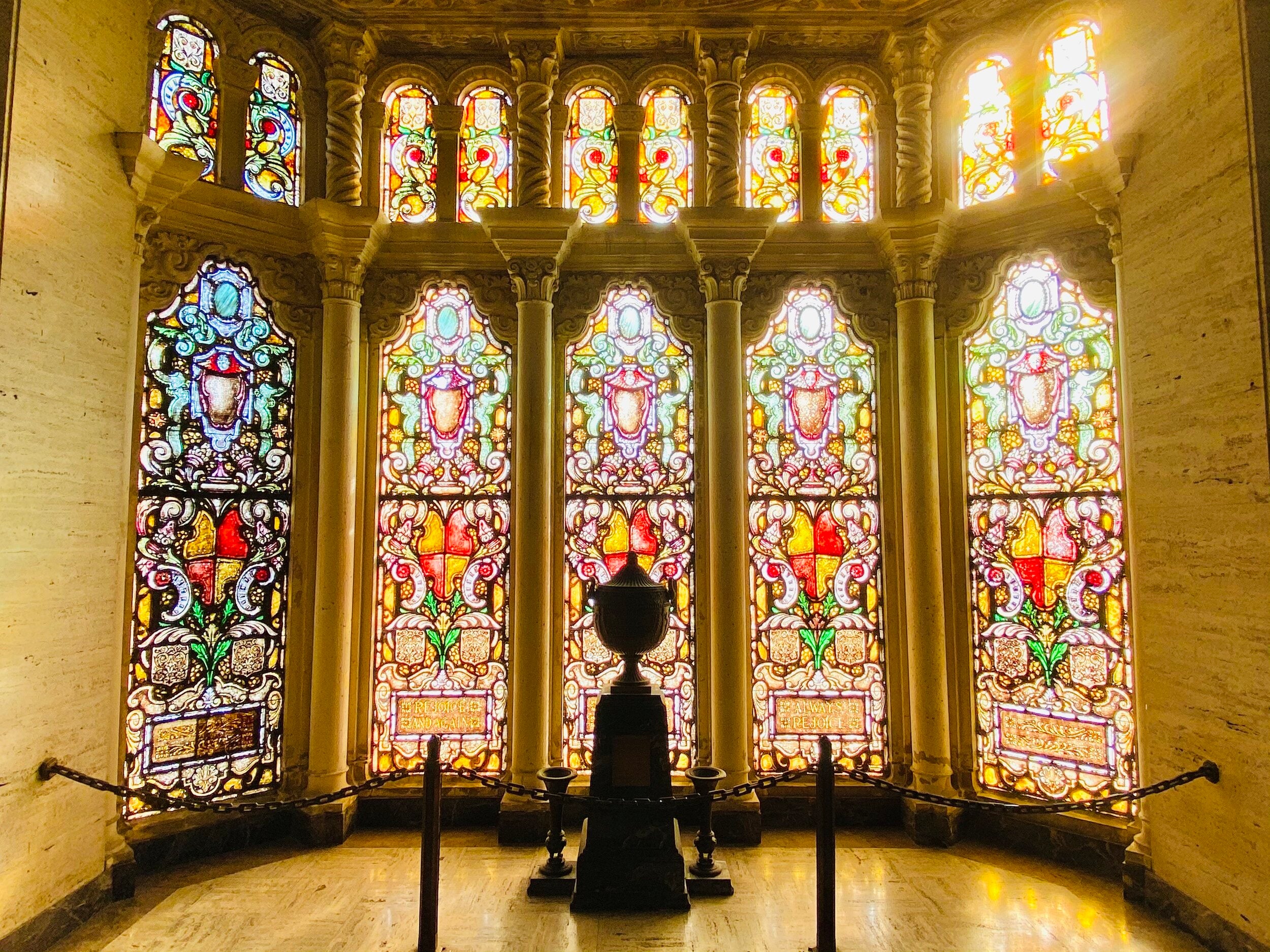 Judson stained glass at neighboring Mountain View Mausoleum